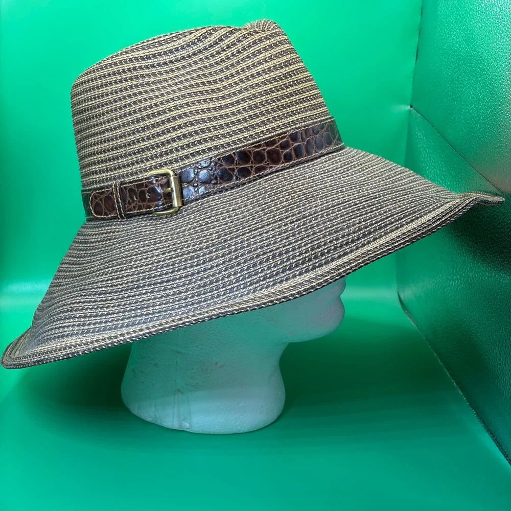 Eric Javits Squishee Sun Hat Packable Brown Woven Straw Faux Croc Band Wide Brim